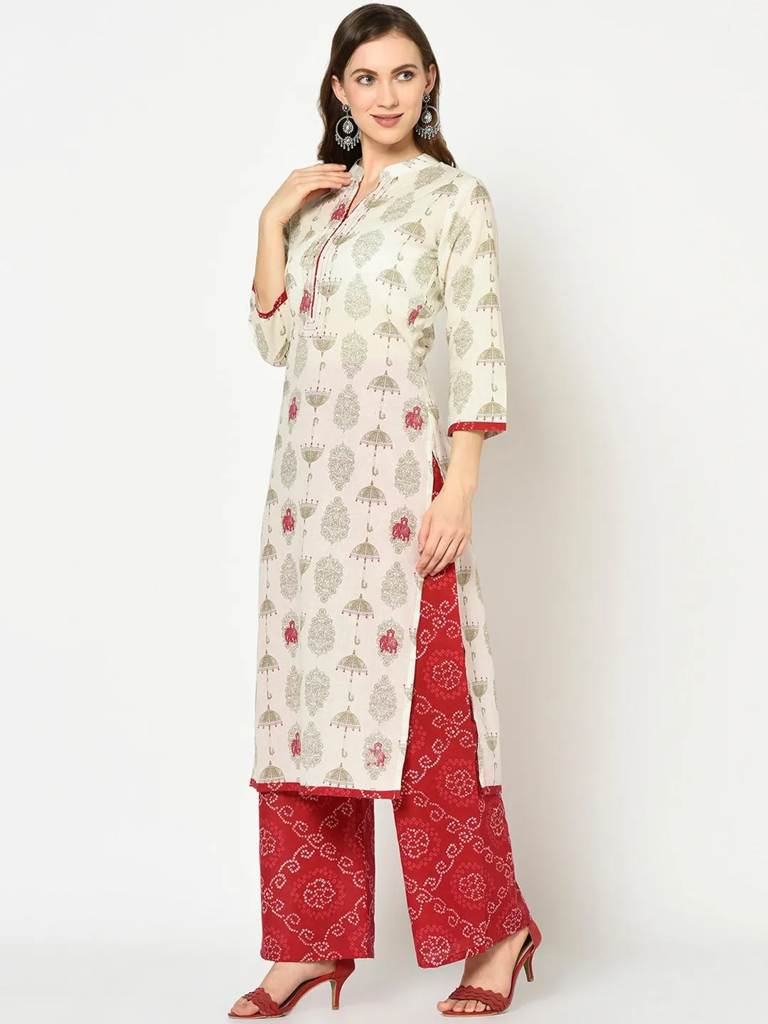 Women Off-White & Green Printed Kurta Set